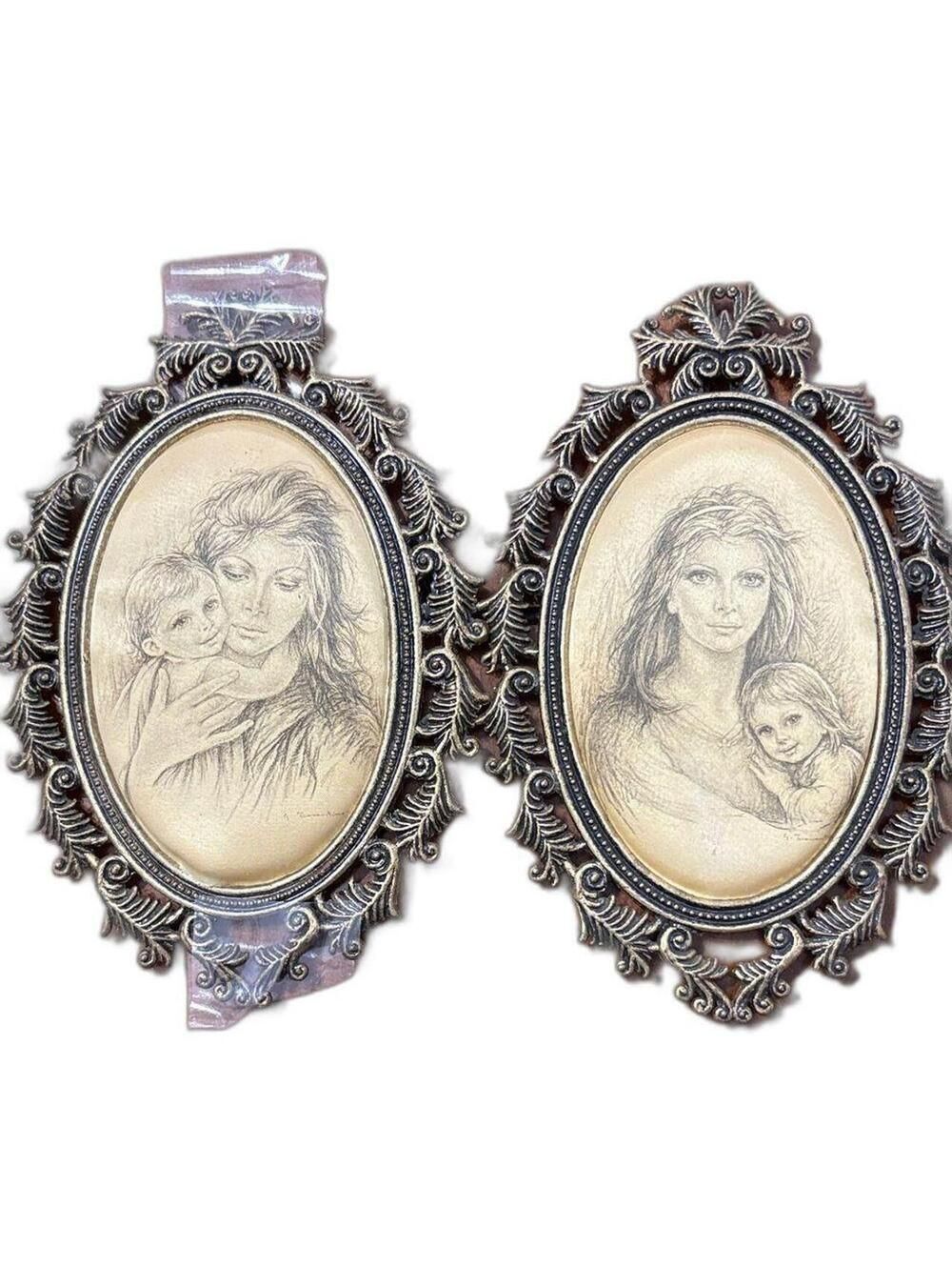 Satin Framed Picture Mother Child Giuseppe Tarantino Brass Oval SET